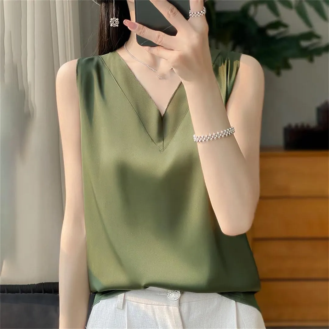 Women Fashion Solid Silk Camisole Summer Casual Loose V-Neck Sleeveless Tank Top All-Match Top Tees