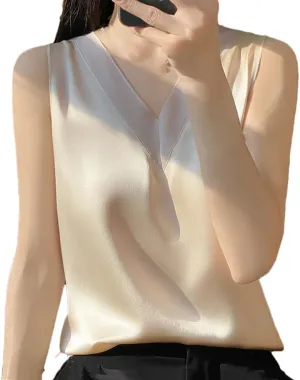 Women Fashion Solid Silk Camisole Summer Casual Loose V-Neck Sleeveless Tank Top All-Match Top Tees