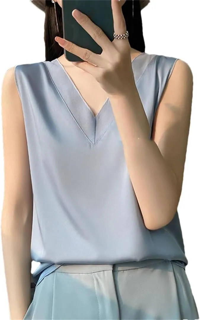 Women Fashion Solid Silk Camisole Summer Casual Loose V-Neck Sleeveless Tank Top All-Match Top Tees