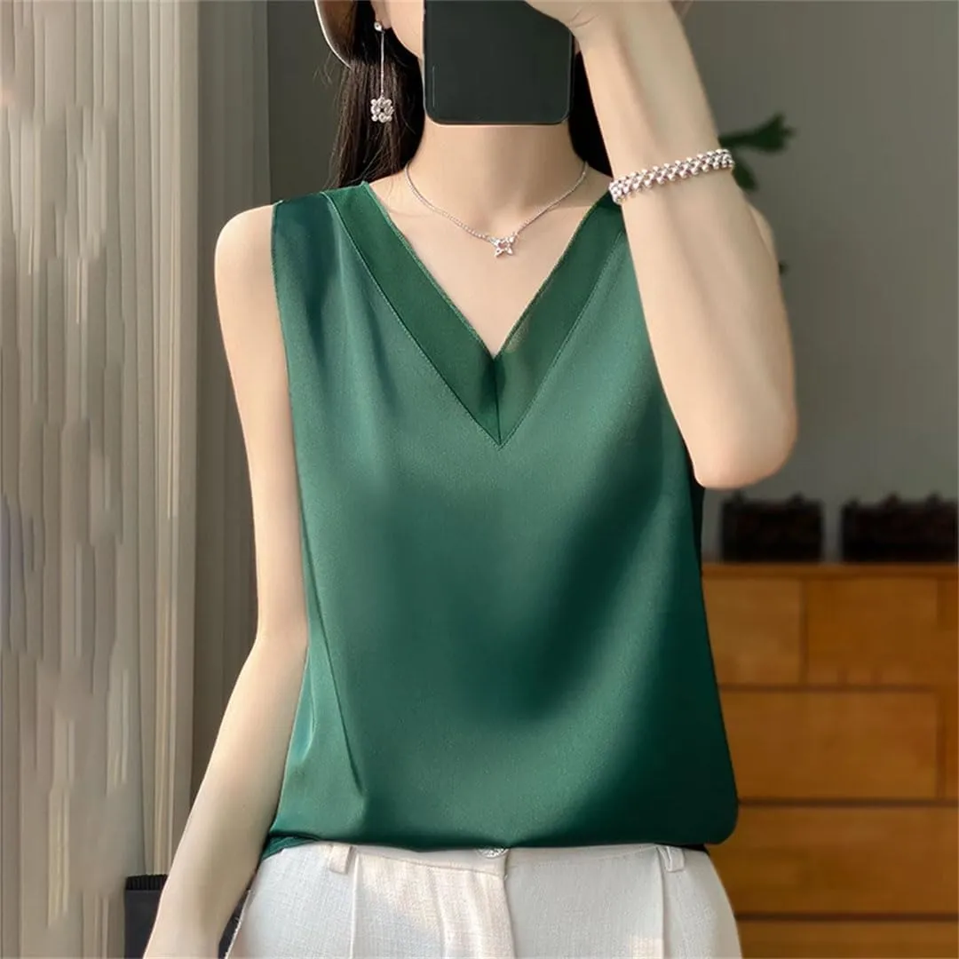 Women Fashion Solid Silk Camisole Summer Casual Loose V-Neck Sleeveless Tank Top All-Match Top Tees