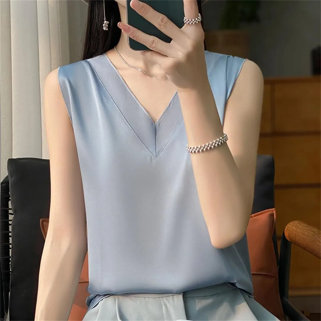 Women Fashion Solid Silk Camisole Summer Casual Loose V-Neck Sleeveless Tank Top All-Match Top Tees