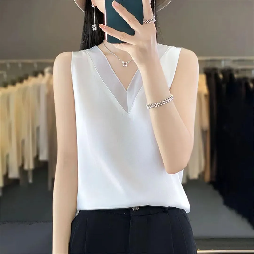Women Fashion Solid Silk Camisole Summer Casual Loose V-Neck Sleeveless Tank Top All-Match Top Tees