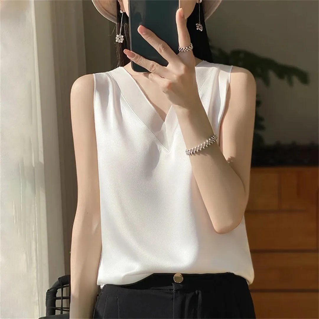 Women Fashion Solid Silk Camisole Summer Casual Loose V-Neck Sleeveless Tank Top All-Match Top Tees