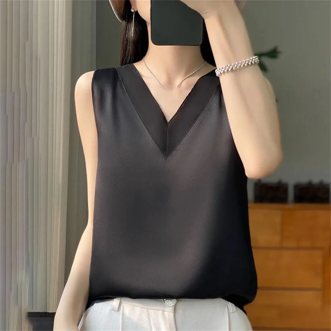 Women Fashion Solid Silk Camisole Summer Casual Loose V-Neck Sleeveless Tank Top All-Match Top Tees