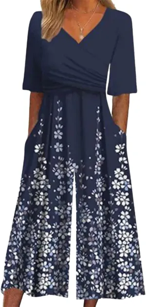 Women's Casual Loose Jumpsuits 2025 Summer Trendy Outfits Short Sleeve Wide Leg Pants Floral Print Rompers With Pockets
