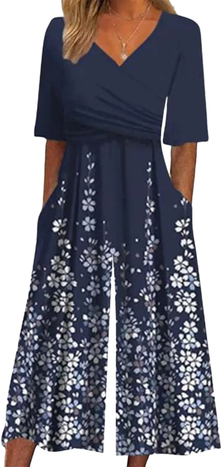 Women's Casual Loose Jumpsuits 2025 Summer Trendy Outfits Short Sleeve Wide Leg Pants Floral Print Rompers With Pockets