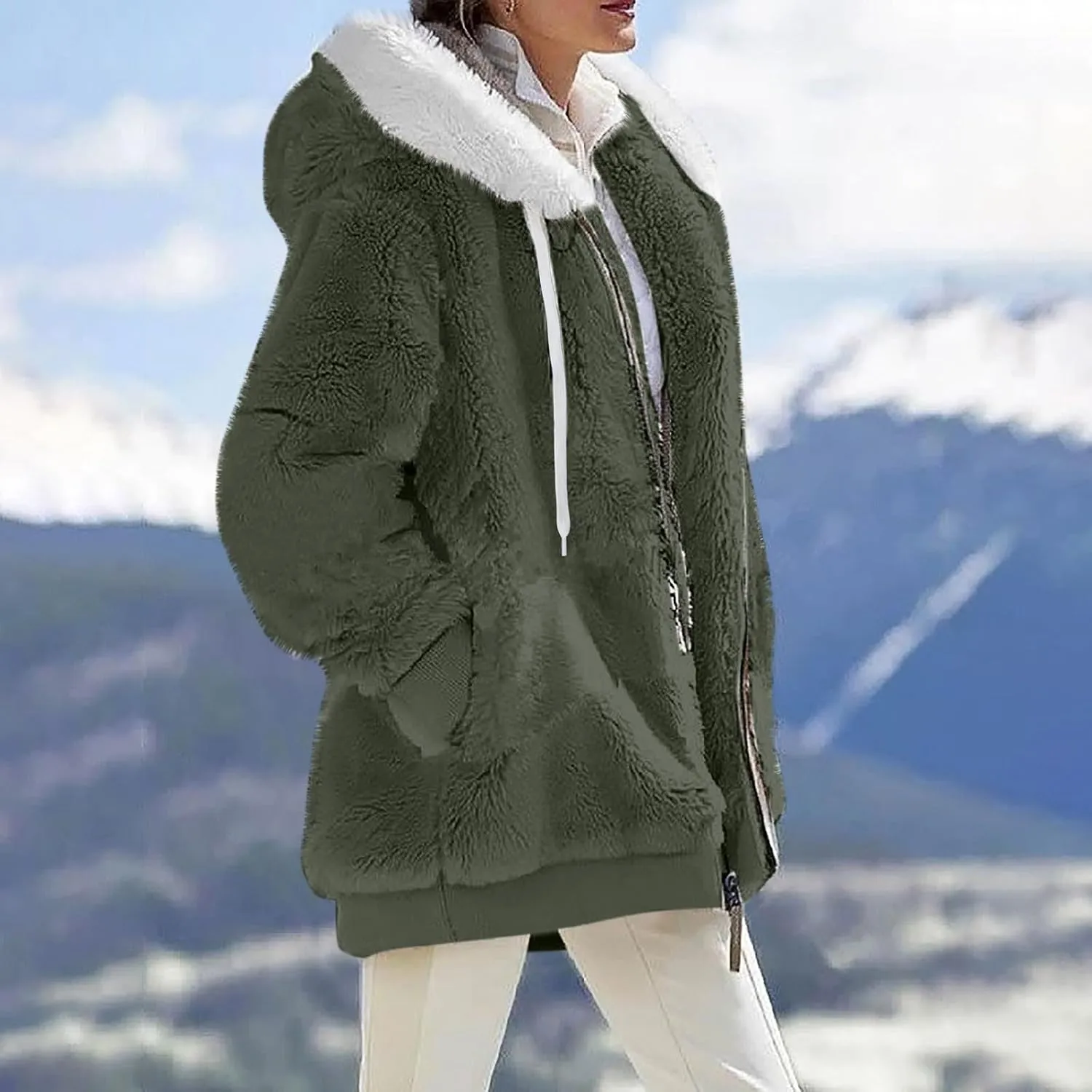 Womens Fuzzy Fleece Jacket Winter Full Zip Plush Hooded Cardigan Coats Soft Oversized Shaggy Warm Outerwear with Pockets