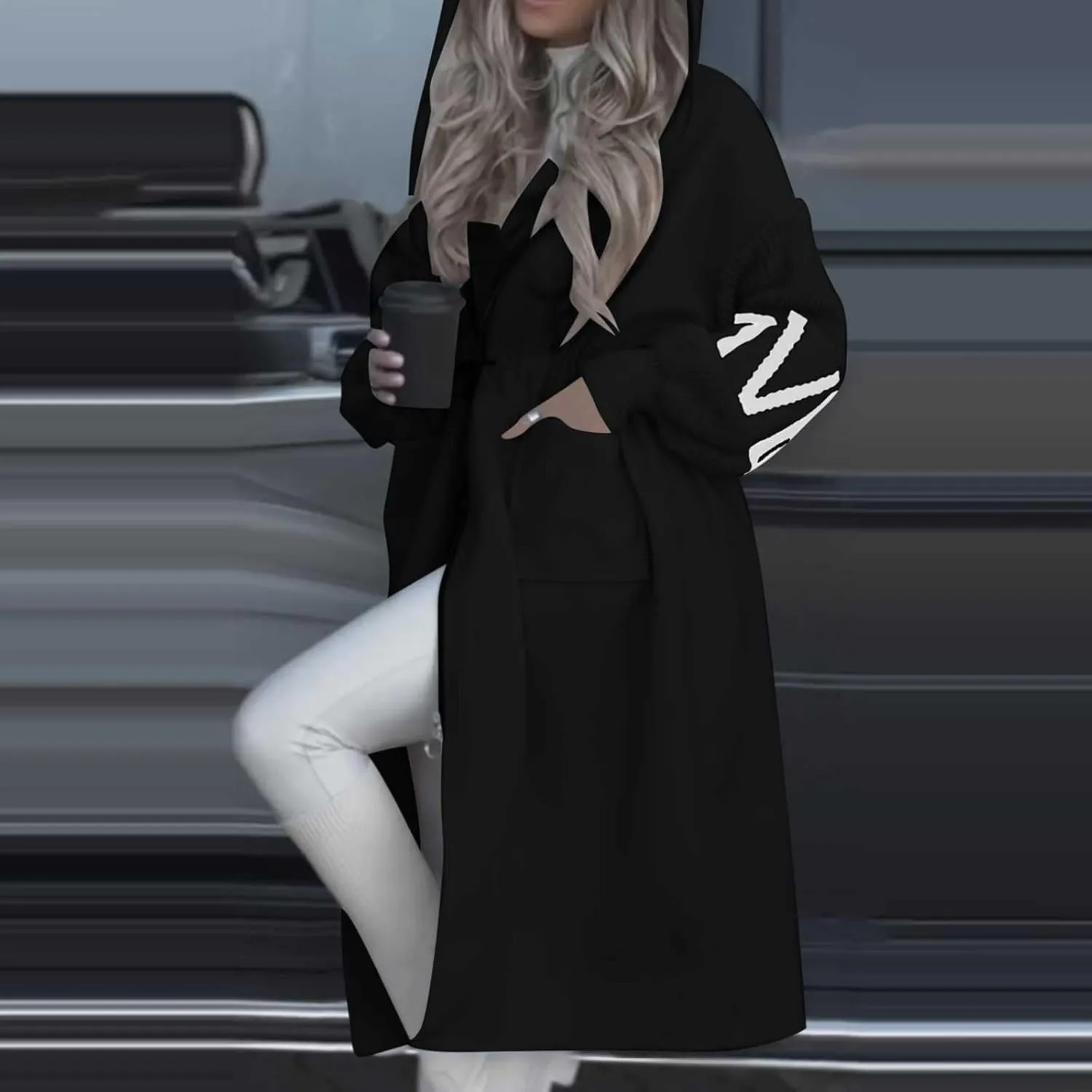 Womens Long Hoodie Coat Knee Length Oversized Zip Up Sweatshirt Jackets Winter Waist Drawstring Fleece Hooded Coat