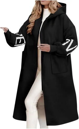 Womens Long Hoodie Coat Knee Length Oversized Zip Up Sweatshirt Jackets Winter Waist Drawstring Fleece Hooded Coat