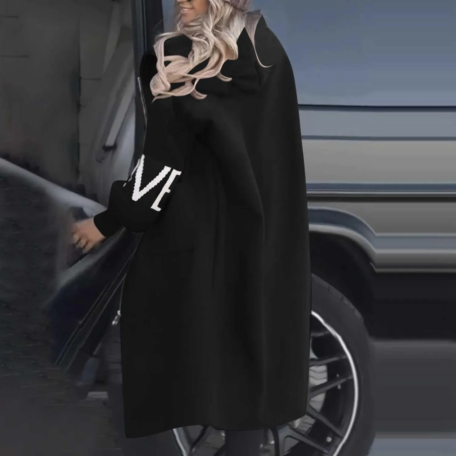 Womens Long Hoodie Coat Knee Length Oversized Zip Up Sweatshirt Jackets Winter Waist Drawstring Fleece Hooded Coat