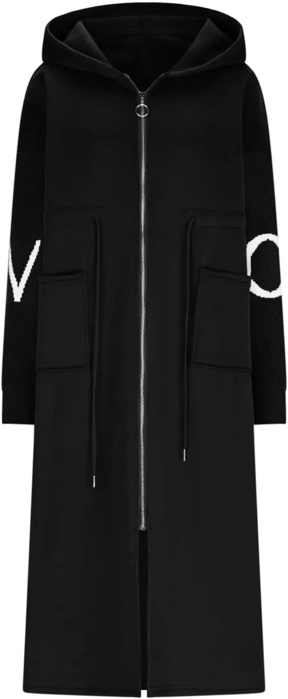 Womens Long Hoodie Coat Knee Length Oversized Zip Up Sweatshirt Jackets Winter Waist Drawstring Fleece Hooded Coat