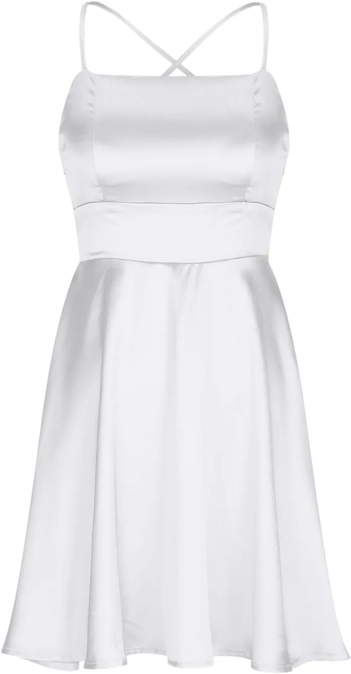 XUNRYAN Womens Spaghetti Strap Mini Dress Sexy Backless Short Satin Dress Cowl Neck Tie Ruffle Flowy Sundress Nightgown