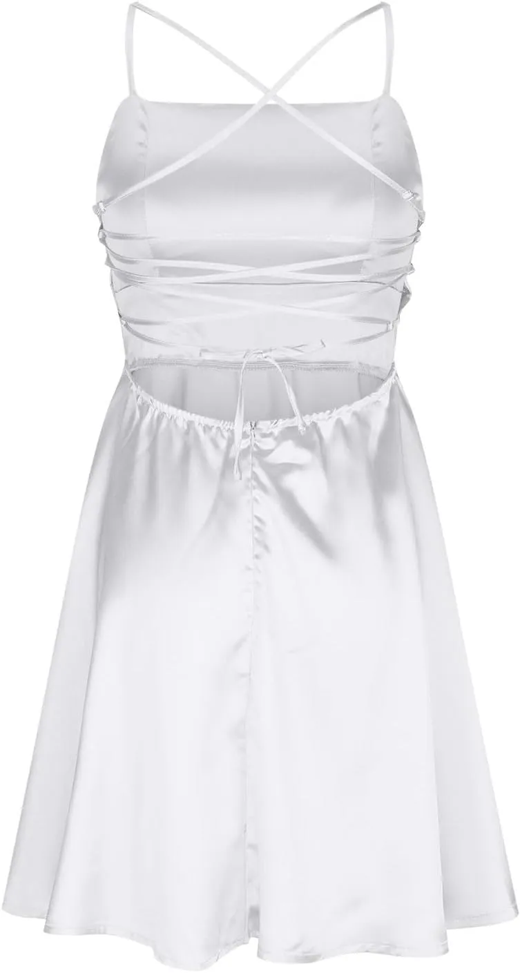 XUNRYAN Womens Spaghetti Strap Mini Dress Sexy Backless Short Satin Dress Cowl Neck Tie Ruffle Flowy Sundress Nightgown